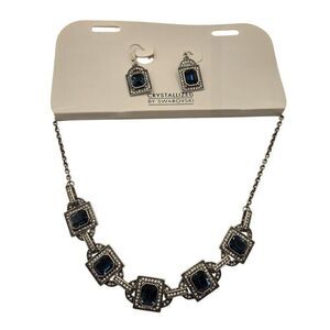 Swarovski Crystalized Necklace Earrings Set Blue Gemstones In Silver Tone $159